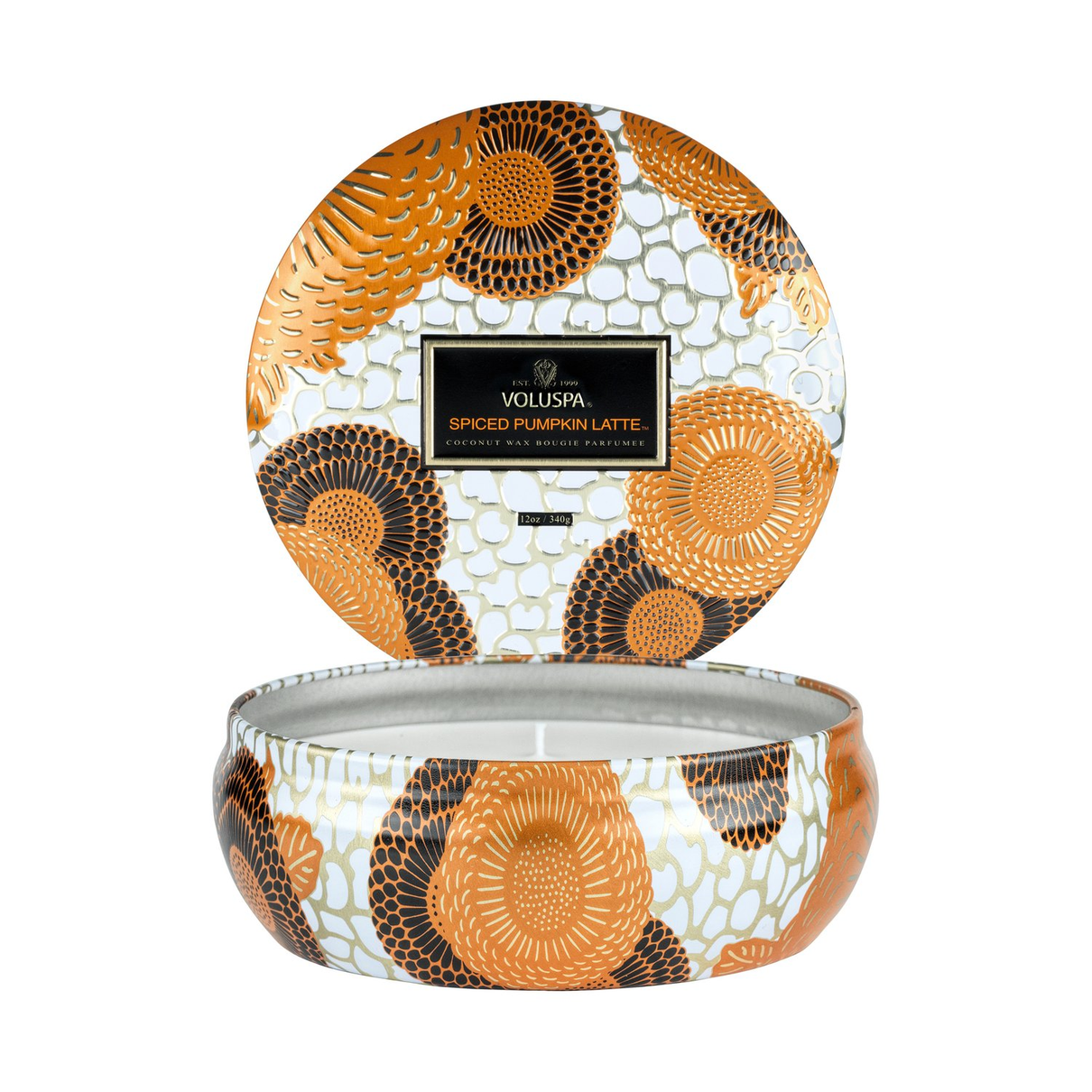 vela lata em relevo 3 pavios spiced pumpkin voluspa 60 horas 23940